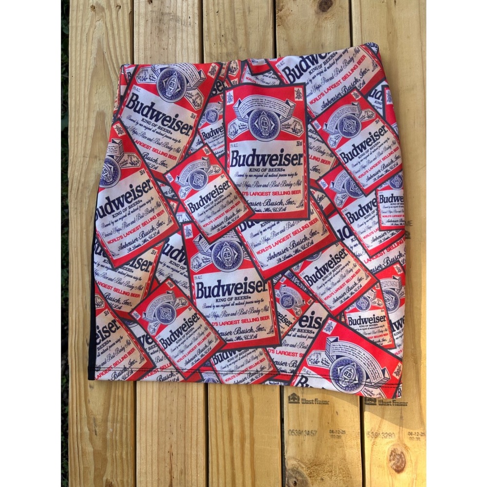 O-Mighty Budweiser Beer Label Graphic Mini Skirt Red White Black Bodycon XS S